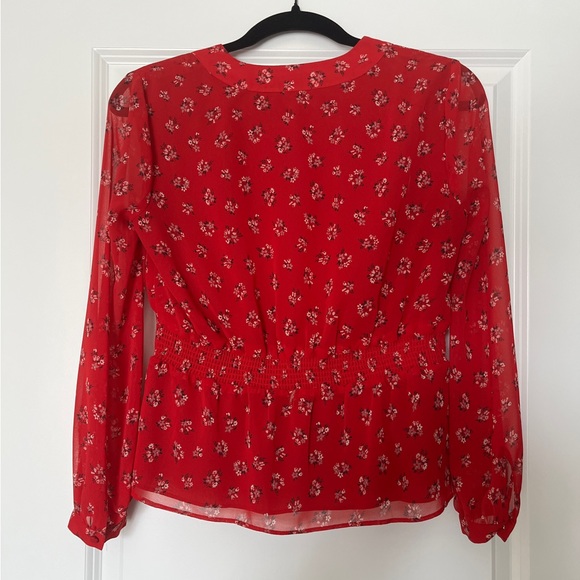 MADEWELL Small Floral Half Button V Neck Long Sleeve Peplum Blouse Red - Picture 4 of 5